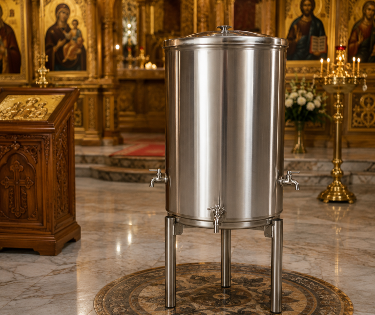 Vas pentru agheasma din inox amplasat intr-o biserica ortodoxa
